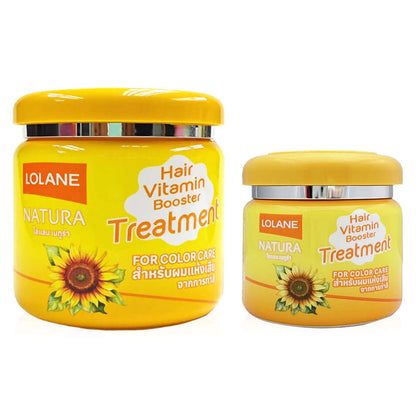 Two yellow jars of Lolane Natura Hair Treatment for color care in different sizes with sunflower illustrations.