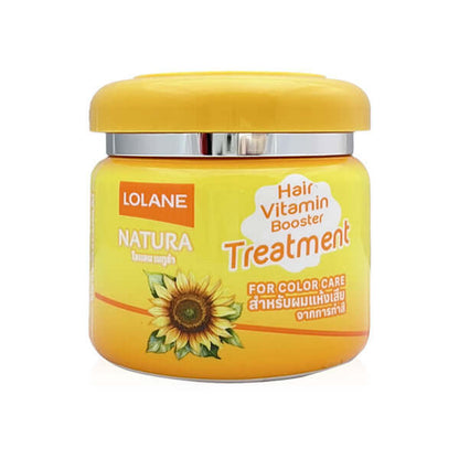 A front view of a yellow jar of Lolane Natura Hair Treatment color care mask.