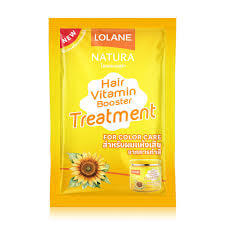 A yellow sachet packet of Lolane Natura Hair Treatment for color-treated hair with a sunflower graphic.