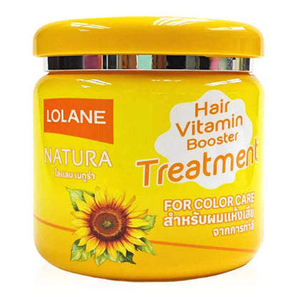 A single yellow jar of Lolane Natura Hair Treatment for nourishing and color care featuring sunflower extract.