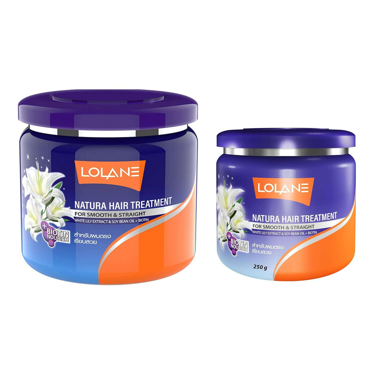 Lolane Natura Hair Treatment for smooth & straight hair, featuring Biotin Nourish in 250g and larger jars.