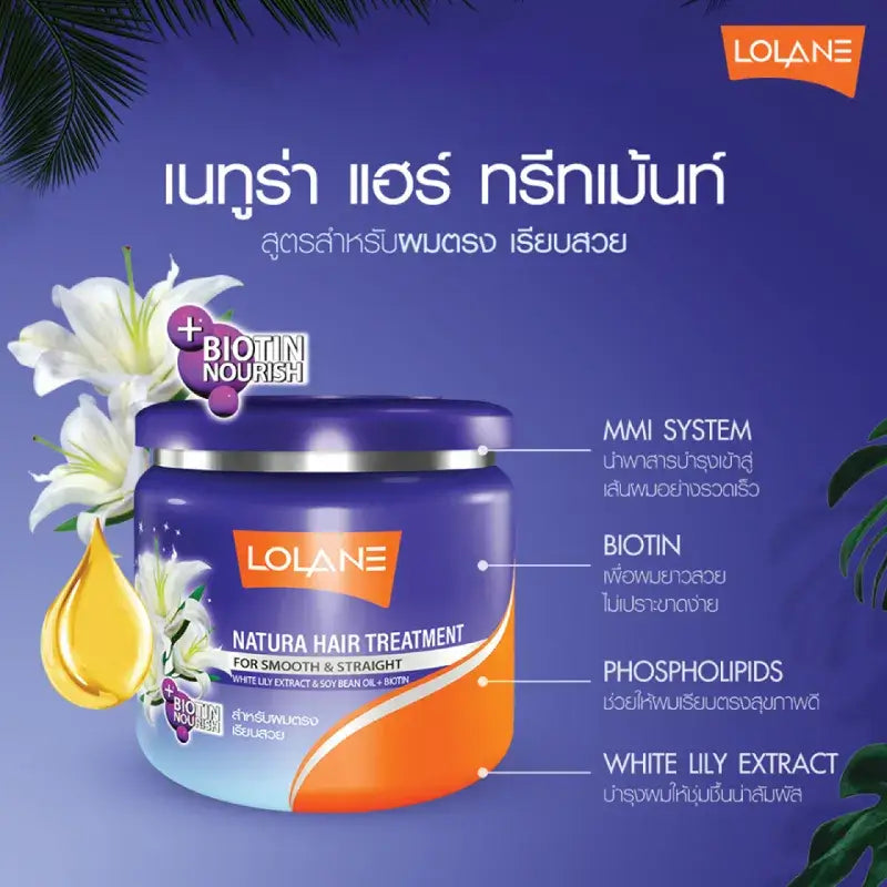 Lolane Natura Hair Treatment for Smooth and Straight with Biotin Nourish, featuring ingredients and benefits.