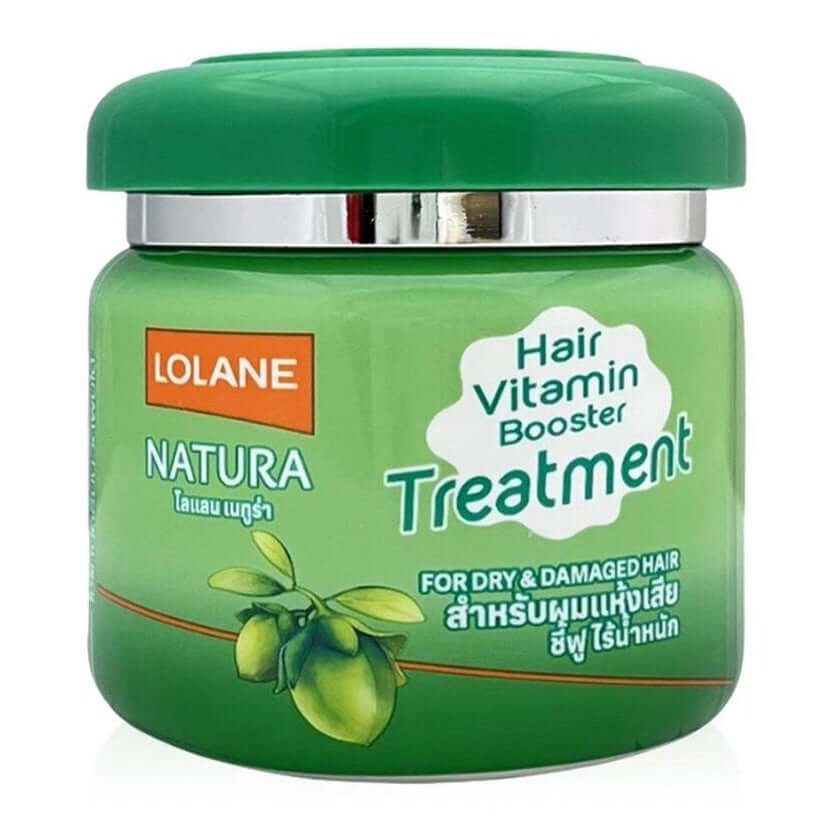 Front view of a large green jar of Lolane Natura Hair Vitamin Mask 100ml on white background.