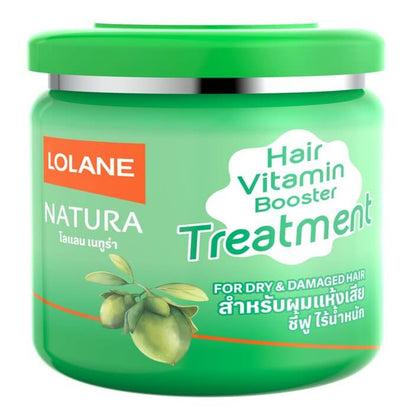 Close-up of a large green jar of Lolane Natura Hair Vitamin Mask 250ml with 'Natura' and 'Hair Vitamin' labels.