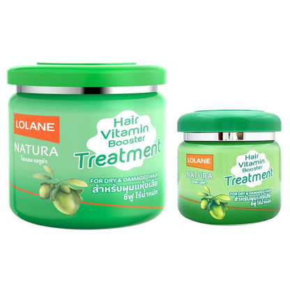 Two green jars of Lolane Natura Hair Vitamin Mask, large and medium sizes, side-by-side on white background.