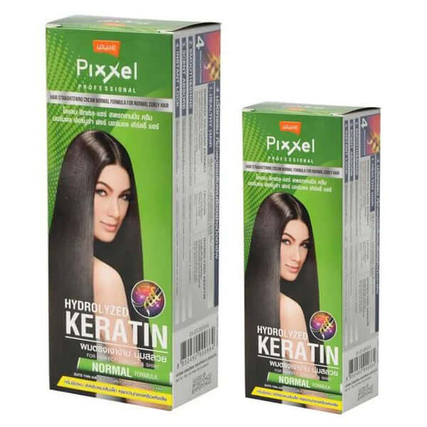 Lolane Pixxel Straightening Cream packaging featuring smooth, straight hair with hydrolyzed keratin for normal hair.
