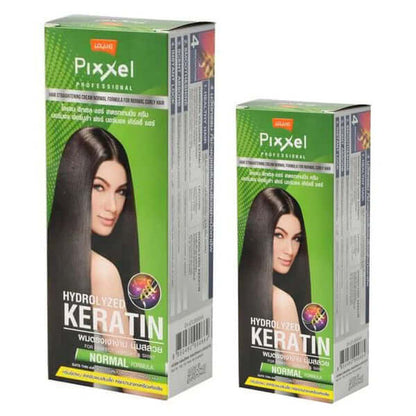 Lolane Pixxel Straightening Cream packaging featuring smooth, straight hair with hydrolyzed keratin for normal hair.