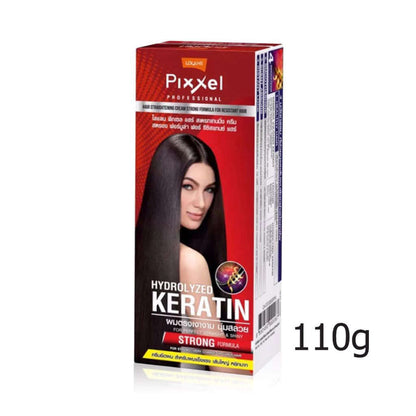 Lolane Pixxel Straightening Cream packaging featuring Hydrolyzed Keratin for strong formula, 110g size.