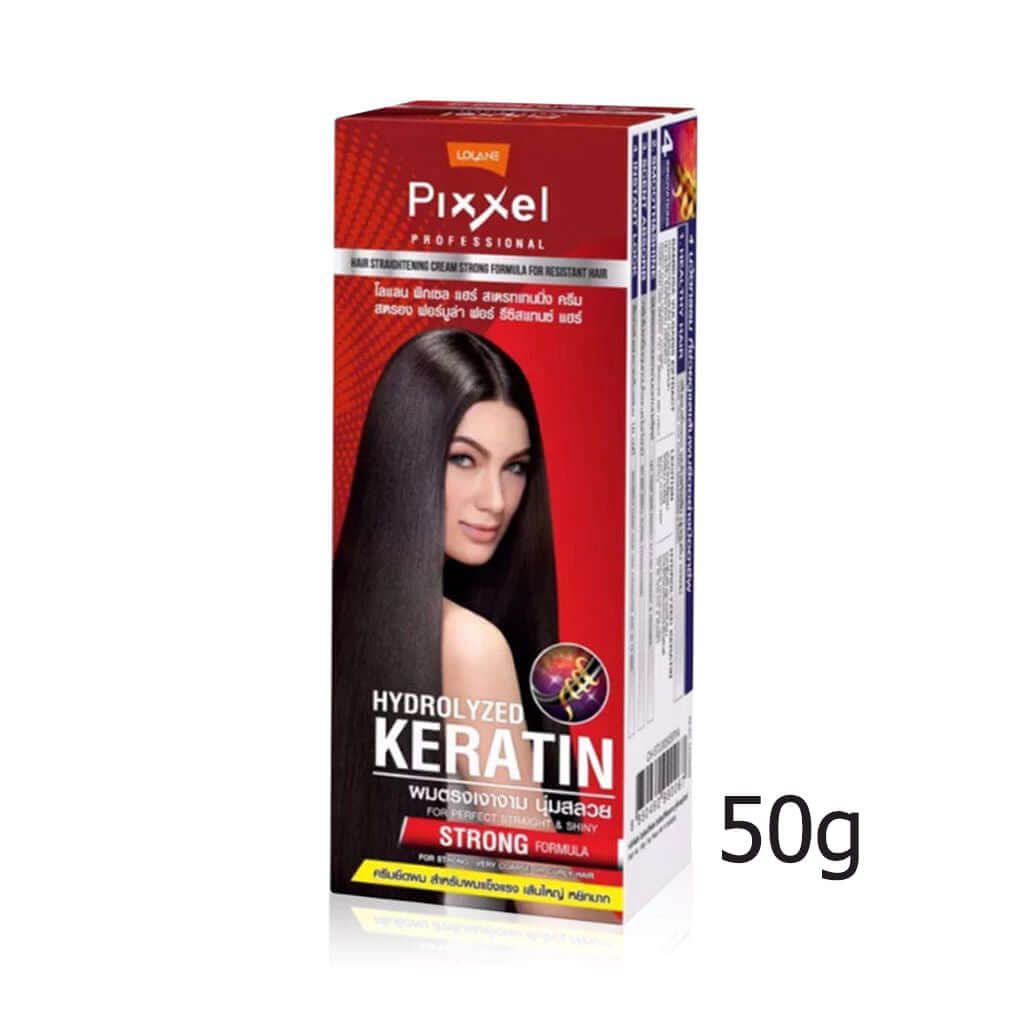 Lolane Pixxel Straightening Cream 50g packaging featuring strong formula for smooth, straight hair with hydrolyzed keratin.