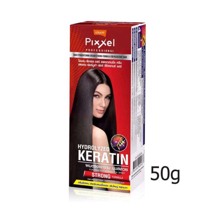 Lolane Pixxel Straightening Cream 50g packaging featuring strong formula for smooth, straight hair with hydrolyzed keratin.