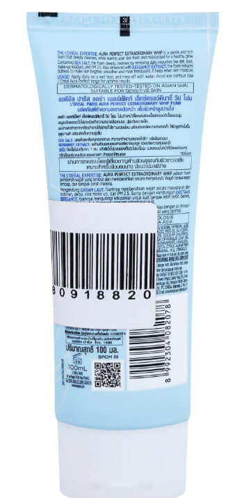 Loreal Aura Perfect Whip Extraordinary Facial Cleansing Foam 100g tube back view with product information and barcode.