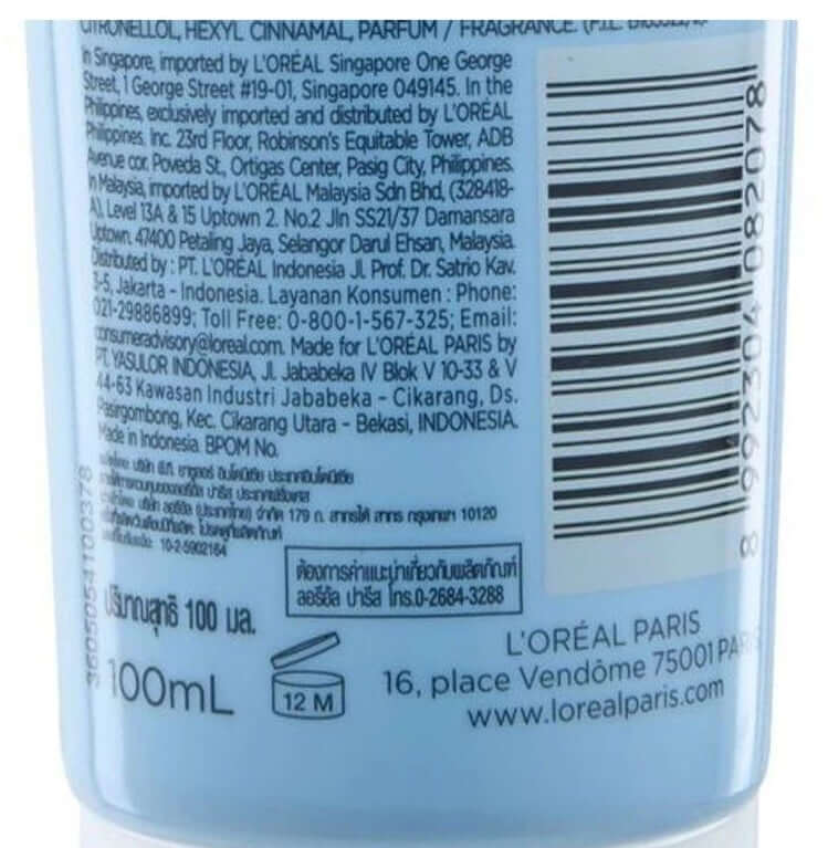 Loreal Aura Perfect Whip Extraordinary Facial Cleansing Foam 100g packaging details and ingredients list.