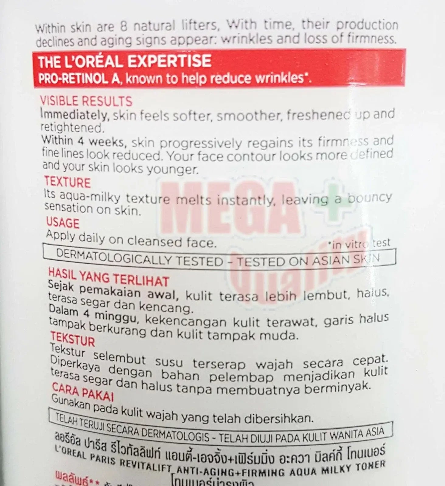 Back label details of Loreal Revitalift Toner showing usage instructions.