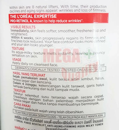 Back label details of Loreal Revitalift Toner showing usage instructions.