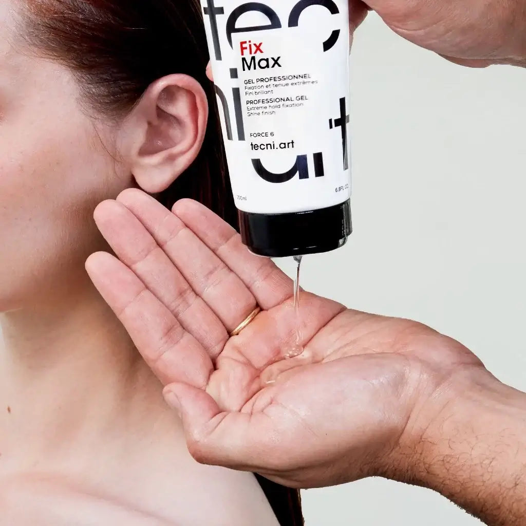 Applying Loreal Tecni Art Fix Max hair gel on palm for hair styling