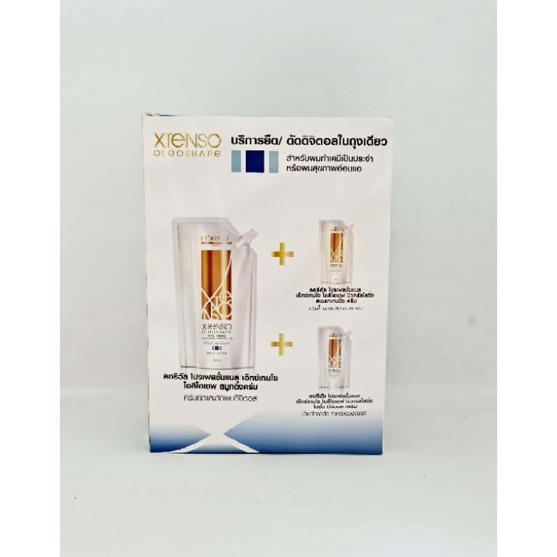 The rear panel of the Loreal Xtenso Oleoshape outer box showing product composition and application steps.