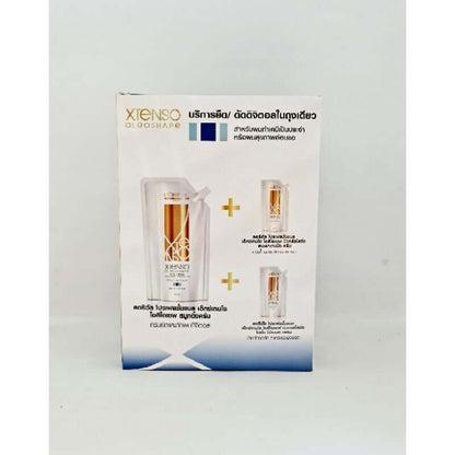 The rear panel of the Loreal Xtenso Oleoshape outer box showing product composition and application steps.