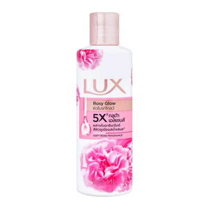 Front view of the small compact bottle of Lux Rosy Glow Body Wash 100ml
