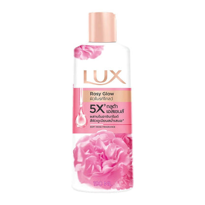 Front view of the medium flip-top bottle of Lux Rosy Glow Body Wash 190ml featuring the rose design