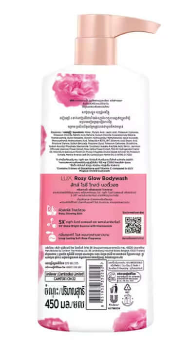 Lux Rosy Glow Body Wash bottle showcasing moisturizing formula and soft rose fragrance ingredients.