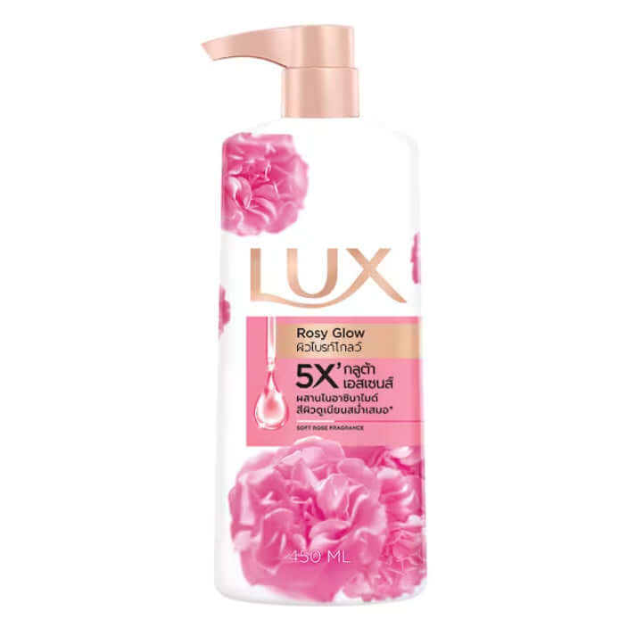 Front view of the large pump bottle of Lux Rosy Glow Body Wash 450ml with 5X Gluta-Bright Essence label