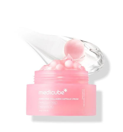 Medicube PDRN Pink Collagen Capsule Cream texture with pink capsules and spatula