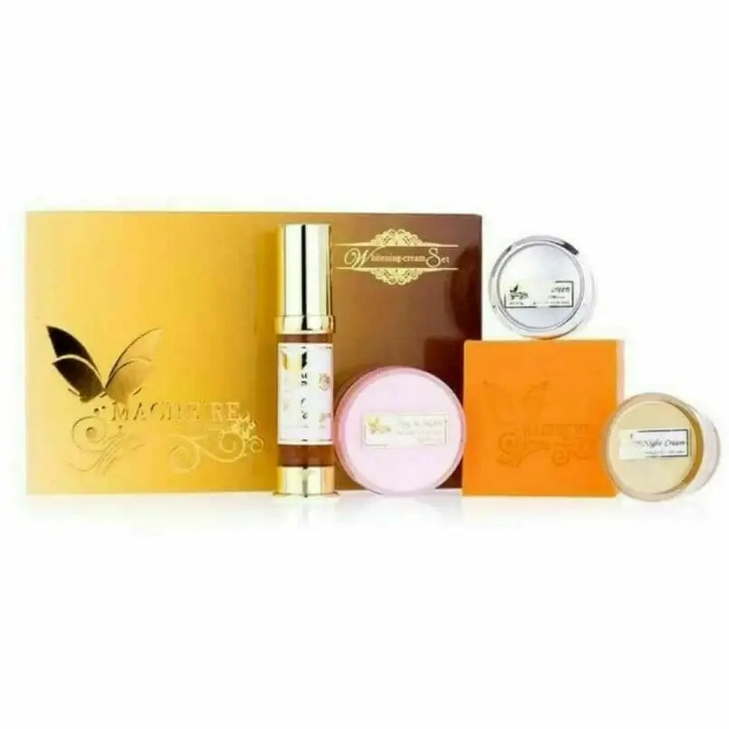 Machere Facial Skincare Set complete collection with creams serum and soap on white background