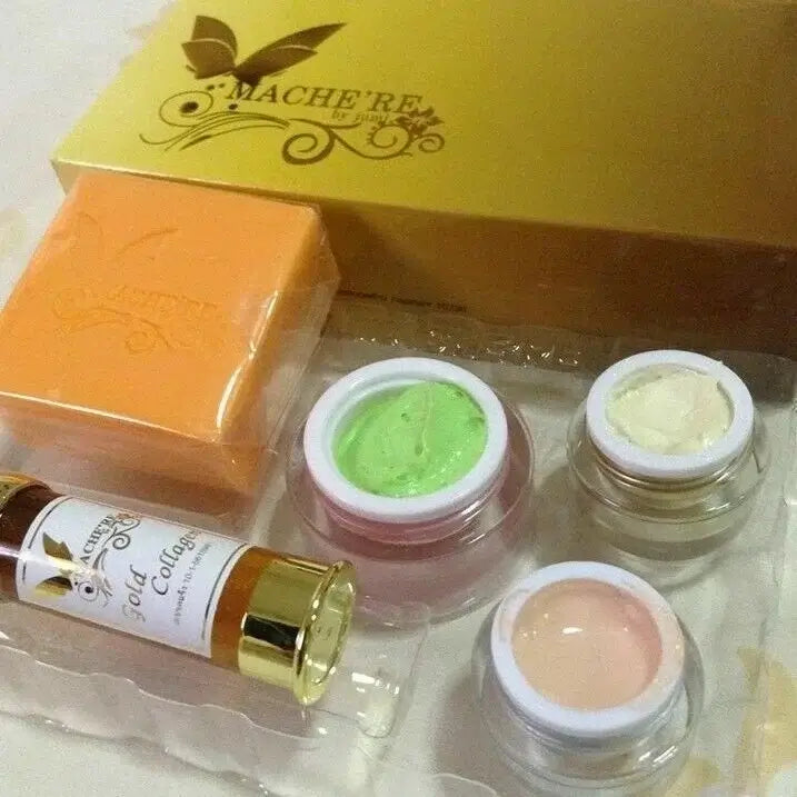 Machere Facial Skincare Set showcasing the Gold Whitening Box Cream Care products, including creams and soap.