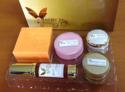 Machere Facial Skincare Set inner tray showing all five skincare products and packaging box