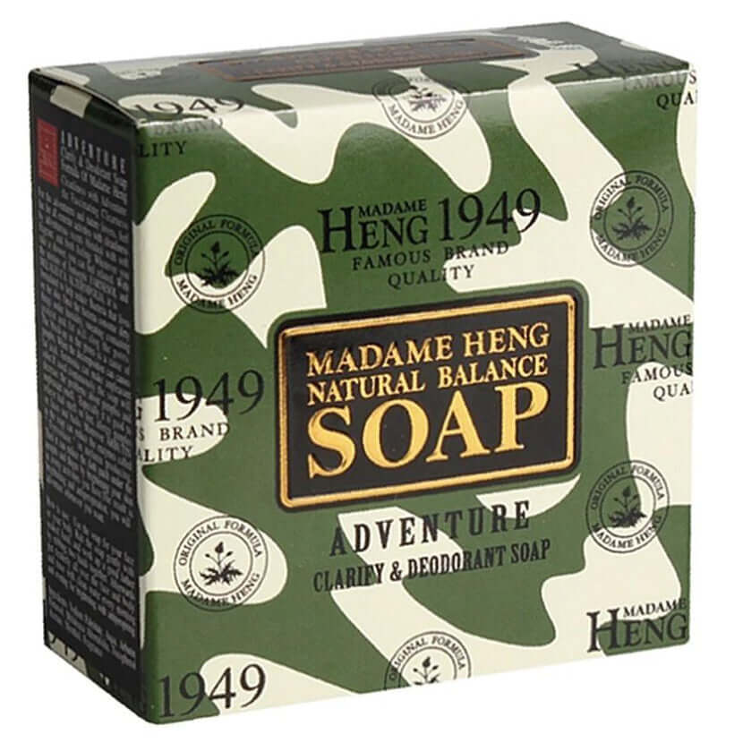 Madame Heng Adventure Soap in its green camouflage retail packaging.