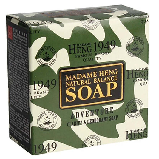 Madame Heng Adventure Soap in its green camouflage retail packaging.