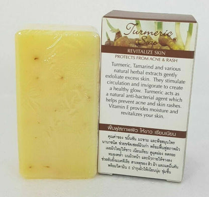 Maithong Turmeric Soap Herbal Bar Unboxed with Natural Yellow Soap Bar Side by Side