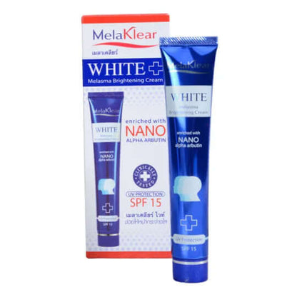 MelaKlear Brightening Cream packaging featuring Nano Alpha Arbutin and SPF15 for daily face use.