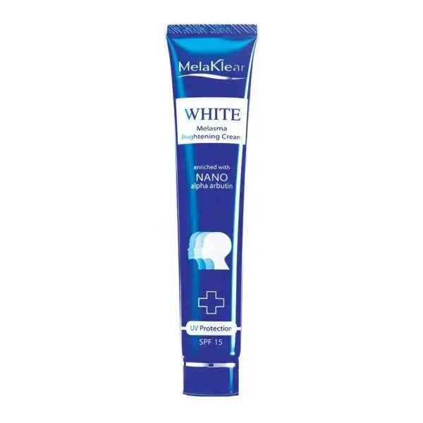 MelaKlear Brightening Cream Nano Alpha Arbutin Face Day Cream with SPF15 in a blue tube packaging