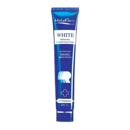 MelaKlear Brightening Cream Nano Alpha Arbutin Face Day Cream with SPF15 in a blue tube packaging