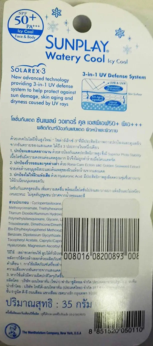 Mentholatum Sunplay Super Cool Sunscreen Watery Icy Cool Lotion 35ml back label showing UV protection details.