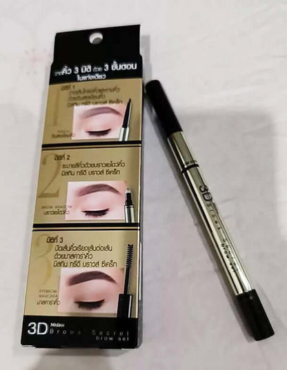 Mistine 3D Brows Secret 3 in 1 eyebrow pencil stick placed next to original box packaging
