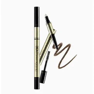 Mistine 3D Brows Secret 3 in 1 eyebrow pencil shadow and mascara components with color swatch