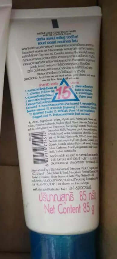 Mistine Acne Clear Foam Facial Cleanser 85g Back Packaging Information