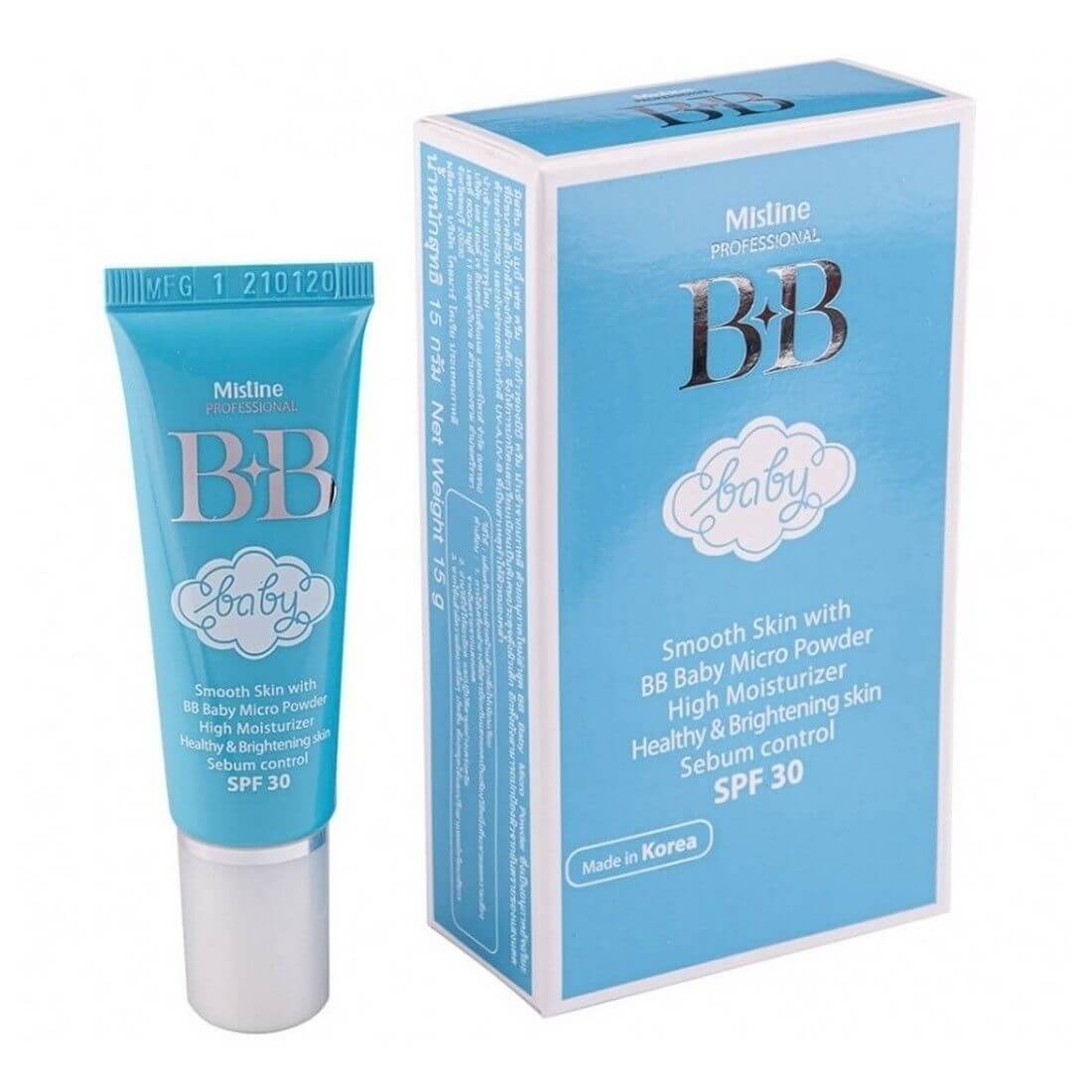 Mistine BB Baby Face Cream product tube standing next to its blue box.