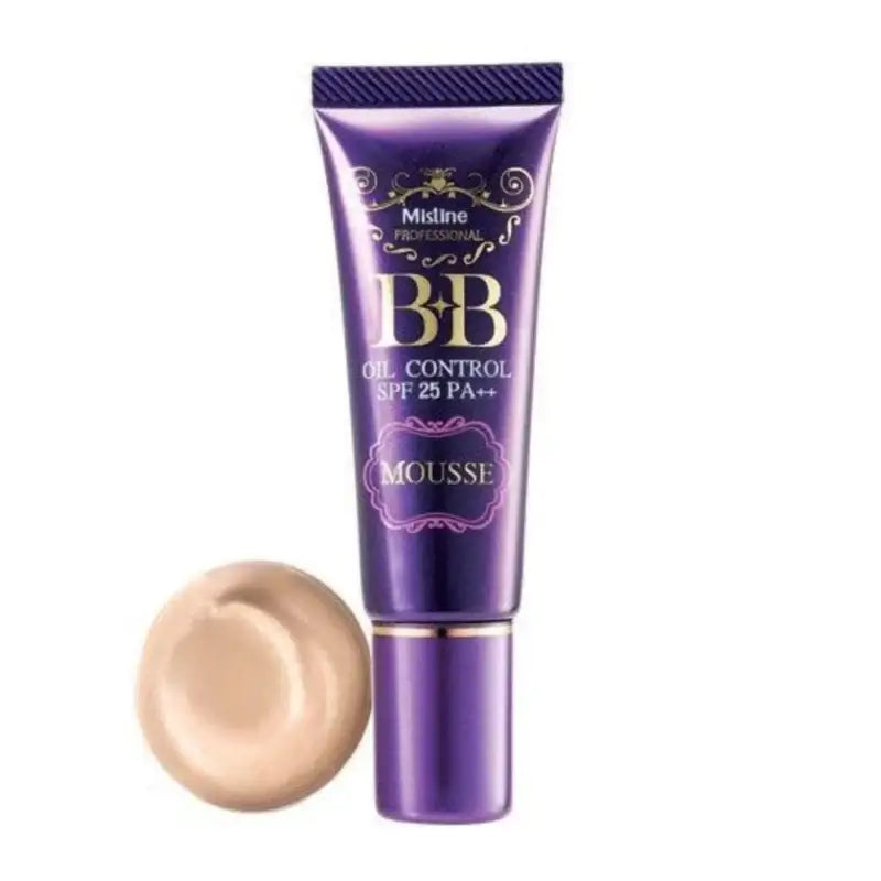 Mistine BB Mousse foundation tube displayed beside creamy mousse texture swatch