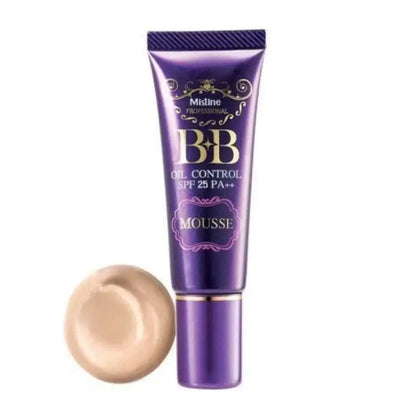 Mistine BB Mousse foundation tube displayed beside creamy mousse texture swatch