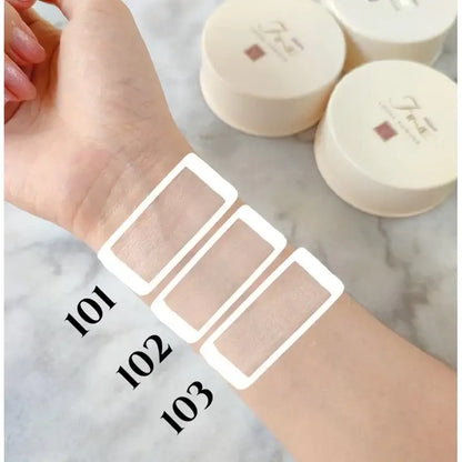 Mistine Fine Loose Powder shades 101 102 103 skin color swatches on forearm