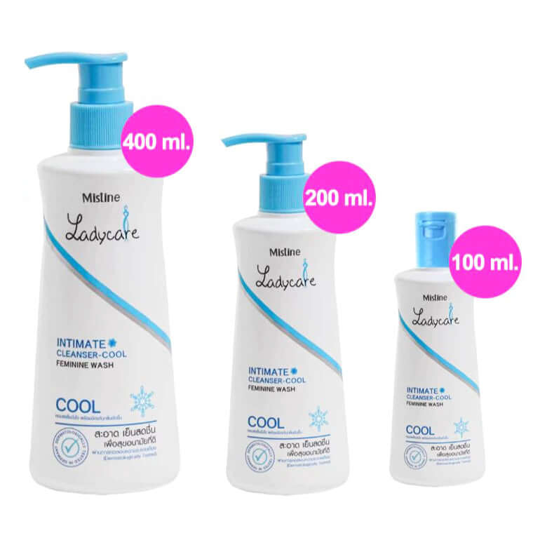 Mistine Intimate Cleanser LadyCare Cool Feminine Wash bottles in 100ml, 200ml, and 400ml sizes.