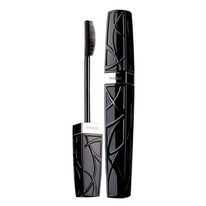 Close-up of Mistine Pro Long Big Eye Mascara dual-sided applicator brush alongside the black tube