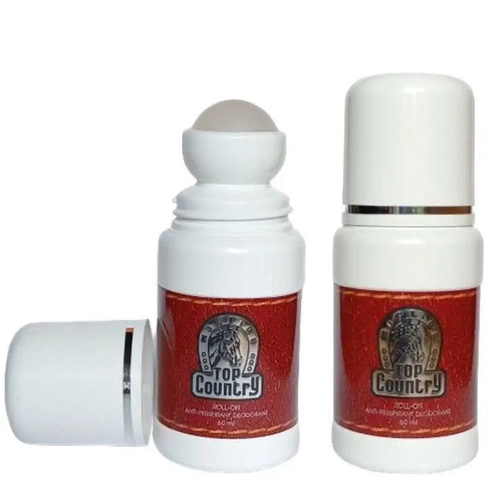 Mistine Top Country Roll On bottles showing open roller ball head and capped bottle