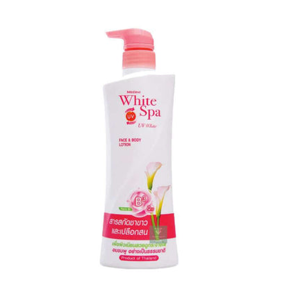 A single large pump bottle of Mistine White Spa Lotion 400ml from a front three-quarter view.