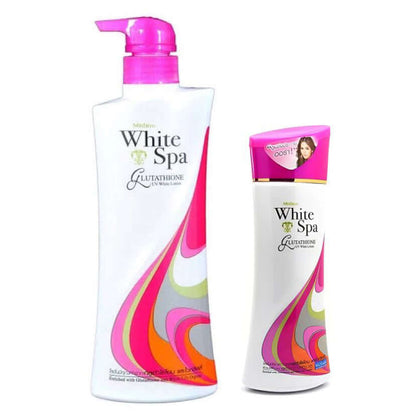 Two bottles of Mistine White Spa Lotion showing different sizes with pink pump and cap against a white background.