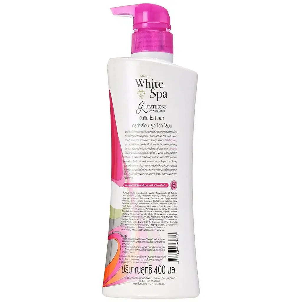 Back view of Mistine White Spa Lotion bottle displaying the product ingredients and details in English and Thai.