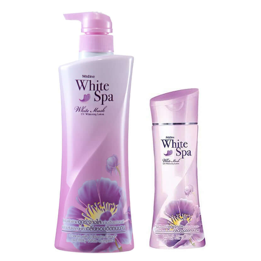 Mistine White Spa Lotion White Musk UV Body Lotion Bottle and Packaging
